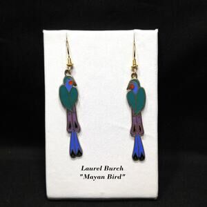 Laurel Burch "Mayan Bird" Long Earrings, Cloisonne & Enamel, 1980s Vintage